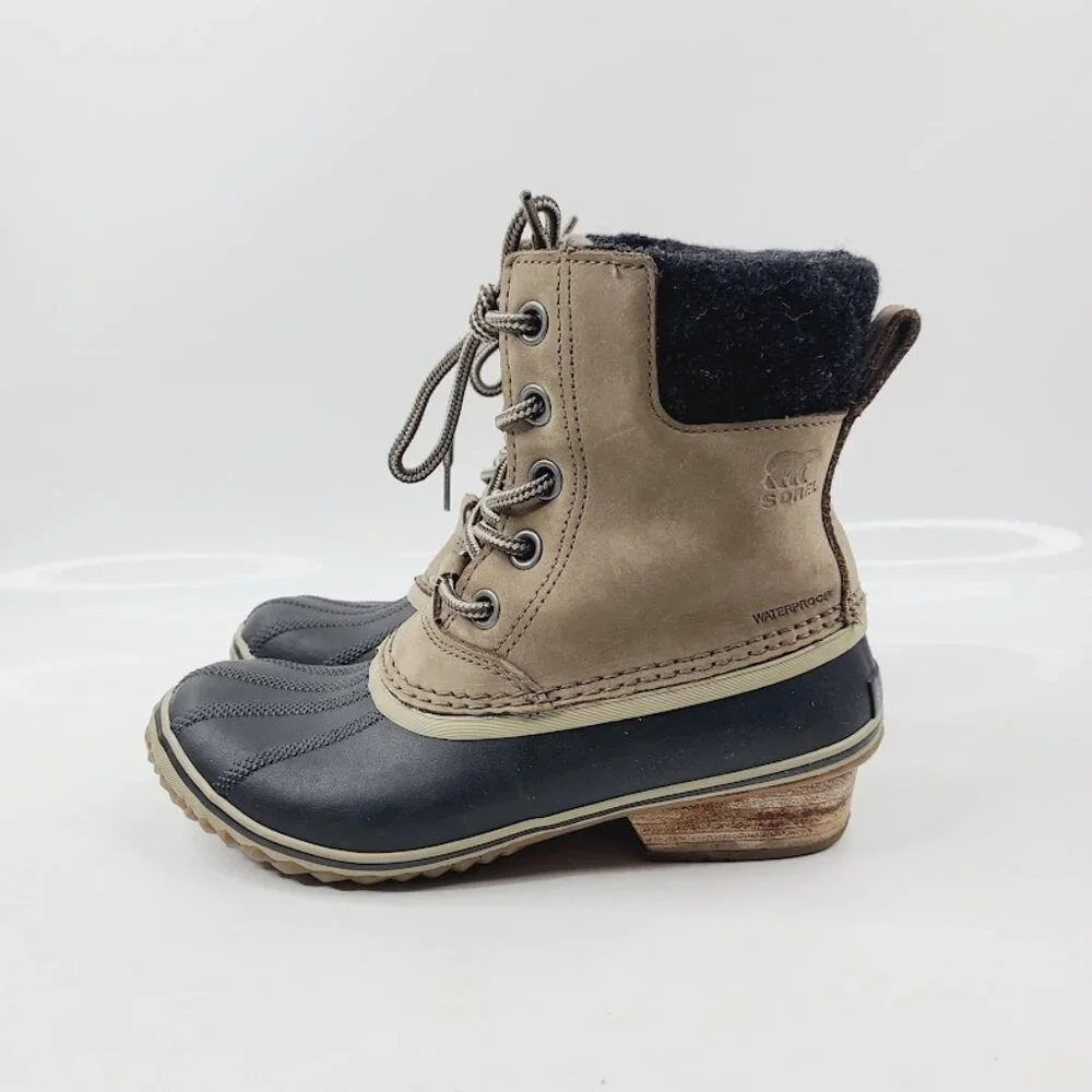 Sorel Women's Taupe Black Slimpack II Cuban Heel Ankle Winter Snow Boot Size 7.5